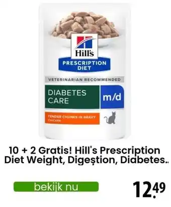 Zooplus 10 + 2 Gratis! Hill's Prescription Diet Weight, Digestion, Diabetes 12 x 85 g - m/d met kip Kattenvoer aanbieding