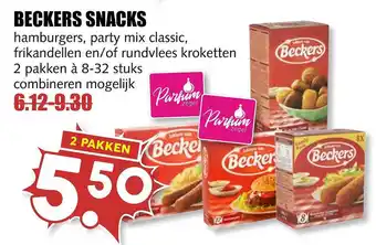 MCD Supermarkt Beckers Snacks Hamburgers, Party Mix Classic, Frikandellen En-of Rundvlees Kroketten aanbieding