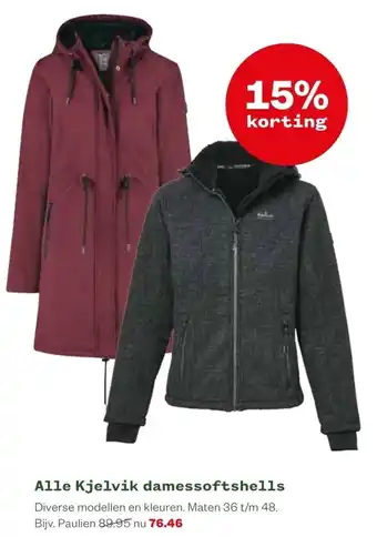 Welkoop Alle Kjelvik damessoftshells Maten 36 t/m 48. aanbieding