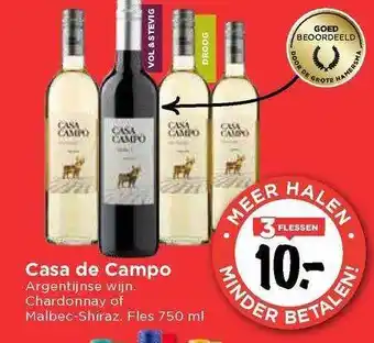 Vomar Voordeelmarkt Casa de campo chardonnay of malbec-shiraz argentijnse wijn 750 ml aanbieding