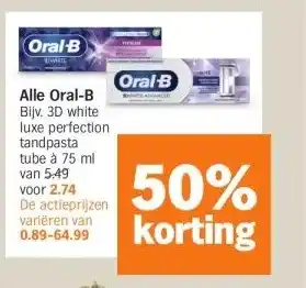 Albert Heijn Alle Oral-B Bijv. 3D white luxe perfection tandpasta aanbieding