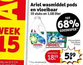 Kruidvat Ariel wasmiddel pods en vloeibaar 19 stuks en 1.08 liter aanbieding