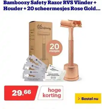 Bol.com Bamboozy Safety Razor RVS Vlinder + Houder + 20 scheermesjes Rose Gold Goud voor vrouwen dames mannen Double Edge Zero Waste  aanbieding