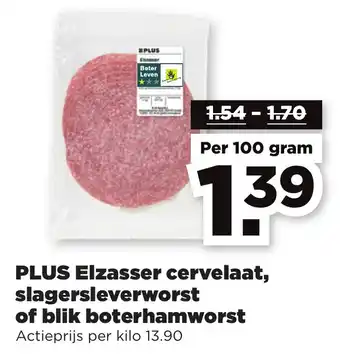 PLUS Elzasser cervelaat, slagersleverworst of blik boterhamworst 100g aanbieding