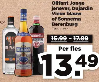 PLUS Olifant Jonge jenever, Dujardin Vieux blauw of Sonnema Berenburg Fles 1 liter aanbieding