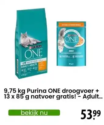 Zooplus 9,75 kg Purina ONE droogvoer + 13 x 85 g natvoer gratis! - Adult met Kip & Volkoren Granen (9,75 kg) + Adult Kip en Sperziebo aanbieding