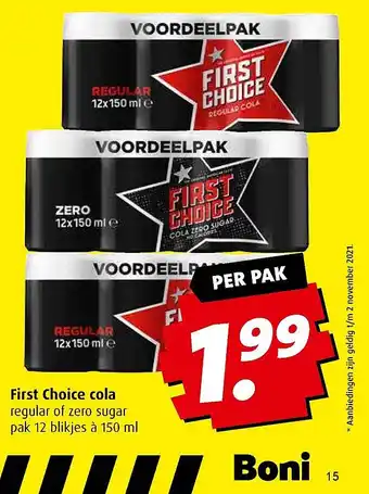 Boni First Choice cola regular of zero sugar aanbieding