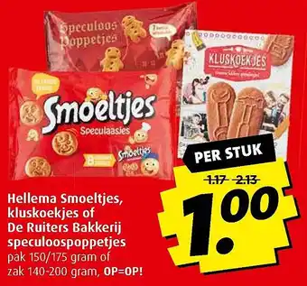 Boni Hellema Smoeltjes, kluskoekjes of De Ruiters Bakkerij speculoospoppetjes aanbieding