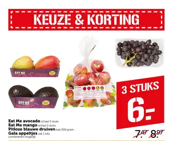 Coop Eat me avocado schaal 2 stuks eat me mango schaal 2 stuks pitloze blauwe druiven bak 500 gram Gala appeltjes zak 1 kilo aanbieding