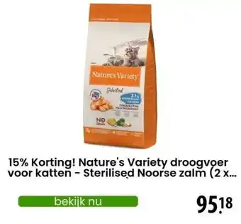 Zooplus 15% Korting! Nature's Variety droogvoer voor katten - Sterilised Noorse zalm (2 x 7kg) aanbieding