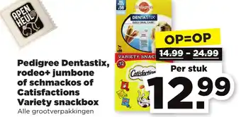 PLUS Pedigree Dentastix, rodeo+ jumbone of schmackos of Catisfactions Variety snackbox aanbieding