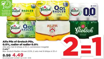 PLUS Alfa pils of Grolsch pils, 0.0%, Radler of Radler 0.0% 6*330ml aanbieding