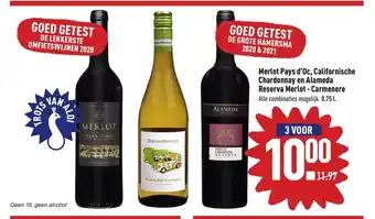 ALDI Merlot Pays d'Oc, Californische Chardonnay En Alameda Reserva Merlot-Carmenere 3 voor aanbieding