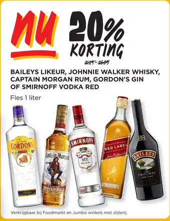 Jumbo BAILEYS LIKEUR, JOHNNIE WALKER WHISKY, CAPTAIN MORGAN RUM, GORDON'S GIN OF SMIRNOFF VODKA RED Fles 1 liter aanbieding