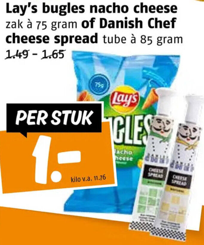 Lay's bugles nacho cheese of Danish Chef cheese spread aanbieding bij