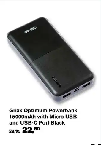 AKO Grixx Optimum Powerbank 15000mAh With Micro USB And USB-C Port Black aanbieding