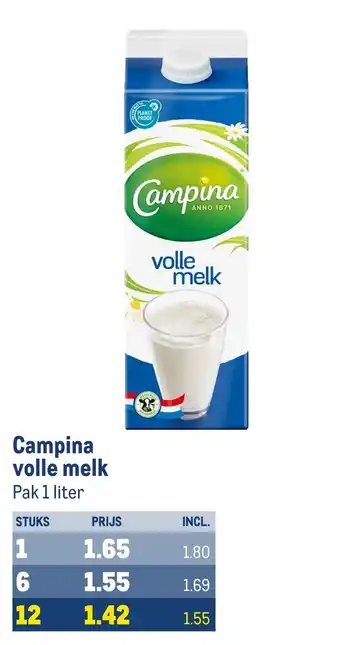 Campina volle melk Pak 1 liter aanbieding bij Makro