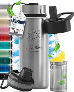 Amazon Drinkfles RVS Thermosfles ACTIVE FLASK + Strohalm (3 Drinkdoppen), BPA-Vrij + Lekvrij | 1 Liter/500 ml Isoleerfles, Vacuüm Wa aanbieding