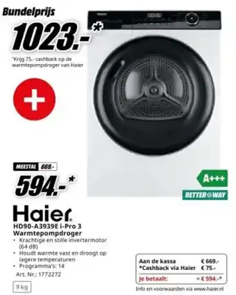 MediaMarkt Haier i-Pro 3 Warmtepompdroger 9kg aanbieding