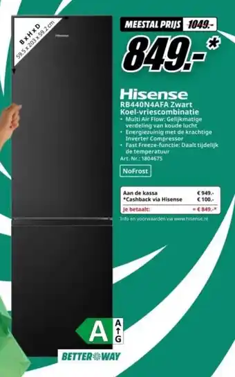 MediaMarkt Hisense RB440N4AFA Zwart Koel-Vriescombinatie aanbieding