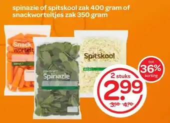 Spar Spinazie of spitskool zak 400 gram of snackworteltjes zak 350 gram aanbieding