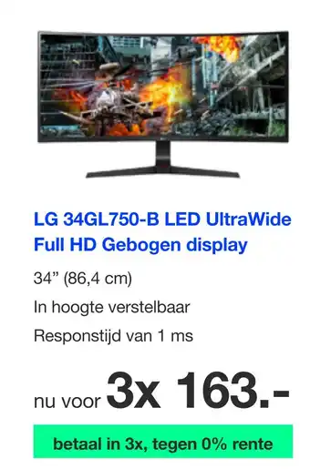 DirectSale LG 34GL750-B LED UltraWide Full HD Gebogen display aanbieding