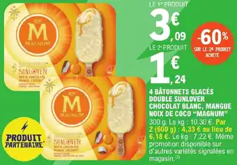 Lidl 4 BÂTONNETS GLACÉS DOUBLE SUNLOVER CHOCOLAT BLANC, MANGUE NOIX DE COCO MAGNUM aanbieding