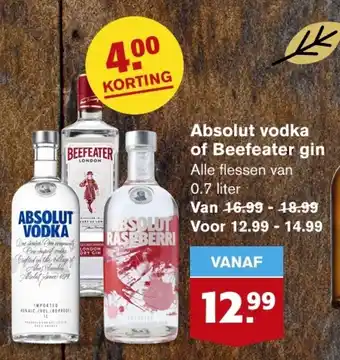 Hoogvliet Absolut Vodka of Beefeater gin aanbieding