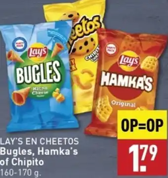 ALDI LAY'S EN CHEETOS Bugles, Hamka's of Chipito 160-170 g. aanbieding