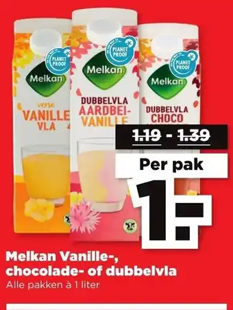 PLUS Melkan Vanille-, chocolade- of dubbelvla 1L aanbieding