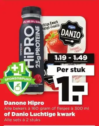 PLUS Danone Hipro 160/300ml of Danio Luchtige kwark 2st aanbieding