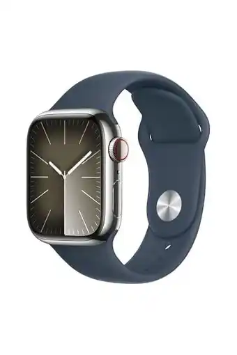 Amazon Apple Watch Series 9 (GPS + Cellular 45 mm) Smartwatch - Kast van zilverkleurig roestvrij staal - Stormblauw sportbandje M/L. aanbieding