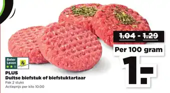 PLUS PLUS Duitse biefstuk of biefstuktartaartjes 100g aanbieding