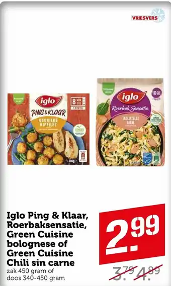 Coop Iglo Ping & Klaar of Roerbaksensatie, Green Cuisine bolognese of Green Cuisine Chili sin carne 450/340-450g aanbieding