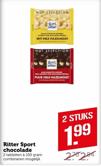 Coop Ritter Sport Chocolade 2*100g aanbieding