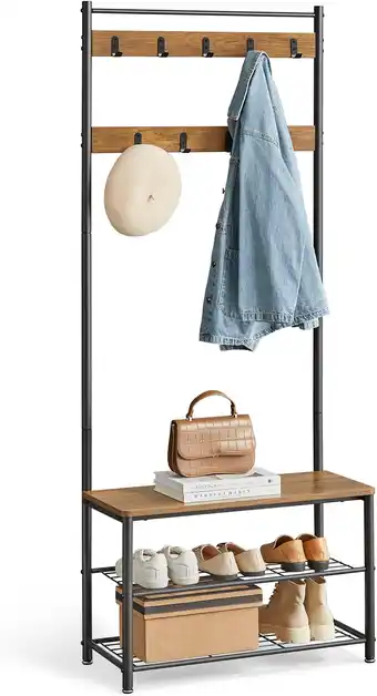 Amazon VASAGLE kapstok, kledingrek met schoenenrek, schoenenrek met zitje, voor in de gang, met haken, 3 legplanken, van metaal, hoo aanbieding