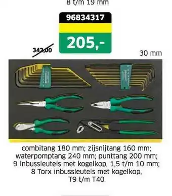 Stahlwille Combitang 180 Mm; Zijsnijtang 160 Mm; Waterpomptang 240 Mm; Punttang 200 Mm; 9 Inbussleutels Met Kogelkop, 1,5 T-m 10 Mm; 8 T aanbieding