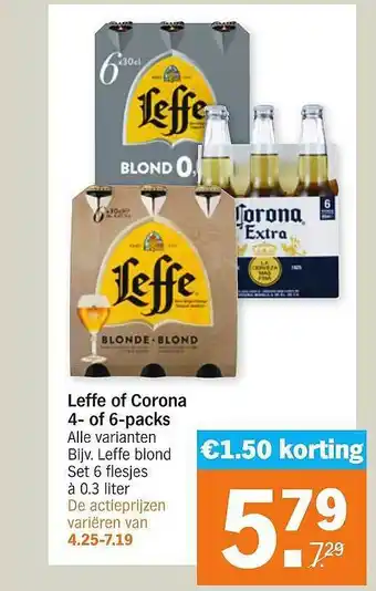 Albert Heijn Leffe Of Corona 4- Of 6-Packs €1.50 Korting aanbieding