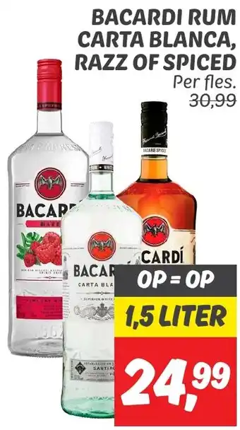 Dekamarkt BACARDI RUM CARTA BLANCA, RAZZ OF SPICED 1.5L aanbieding