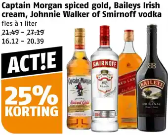 Poiesz Captain Morgan spiced gold, Baileys Irish cream, Johnnie Walker of Smirnoff vodka aanbieding