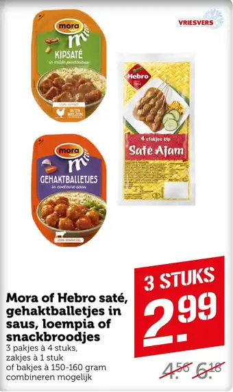 Coop Mora of Hebro saté, gehaktballetjes in saus, loempia of snackbroodjes 7 0 olu aanbieding