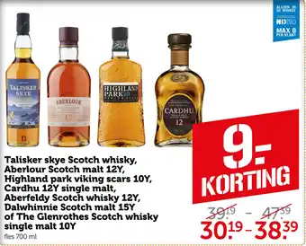 Coop Talisker skye Scotch whisky, Aberlour Scotch malt 12Y, Highland park viking scars 10Y, Cardhu 12Y single malt, Aberfeldy Scot aanbieding