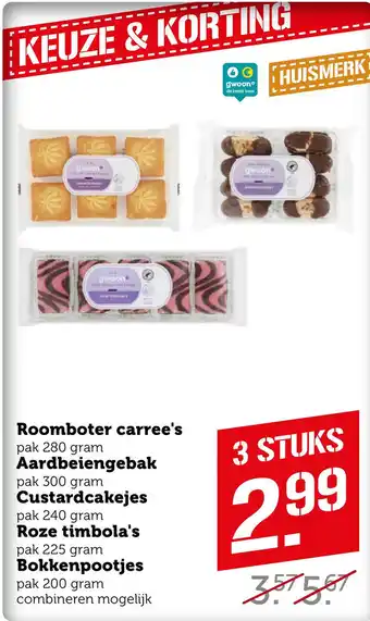 Coop Roomboter carree's, Aardbeiengebak, Custardcakejes, Roze timbola's, Bokkenpootjes aanbieding