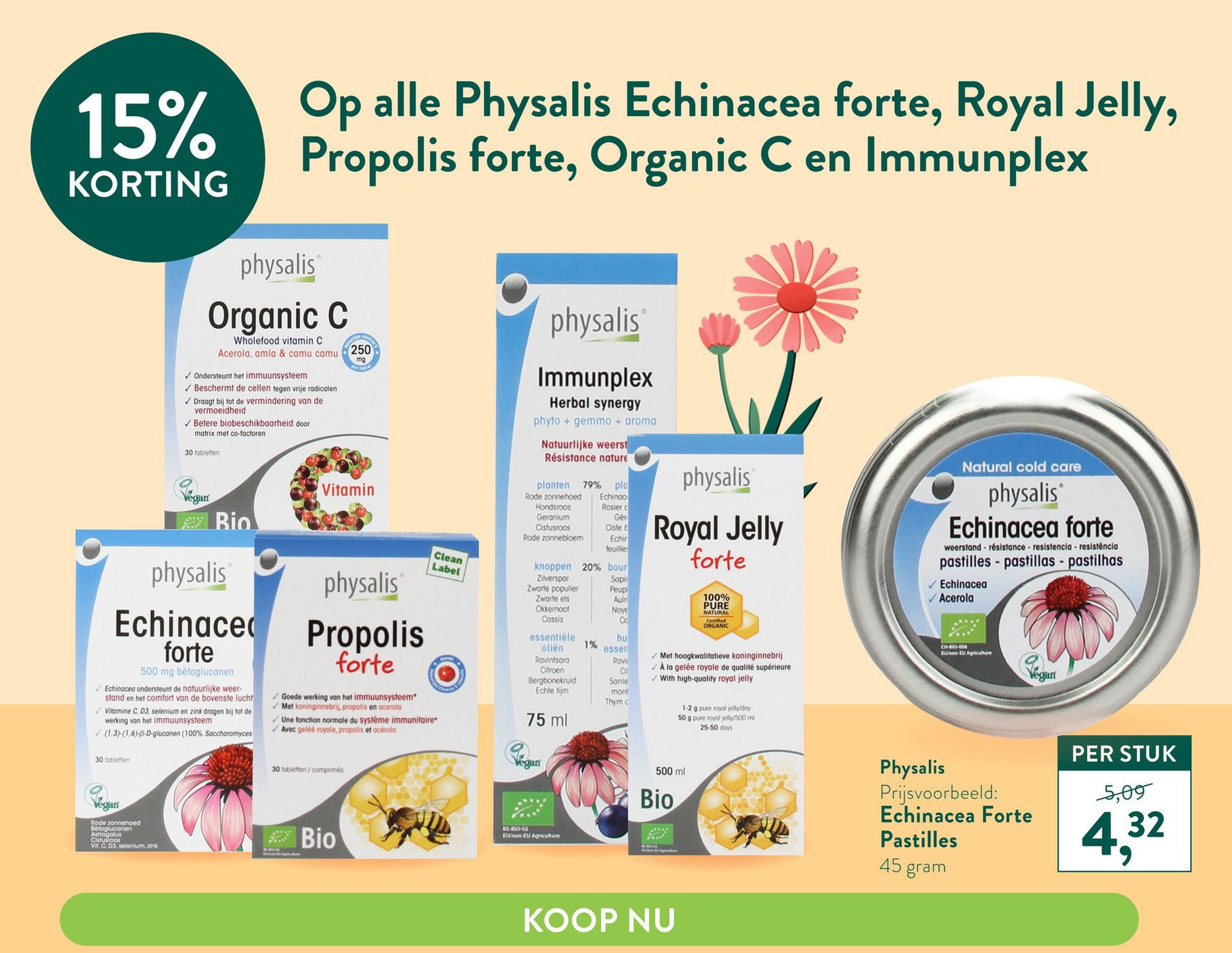 Op alle Physalis Echinacea forte, Royal Jelly, Propolis forte, Organic