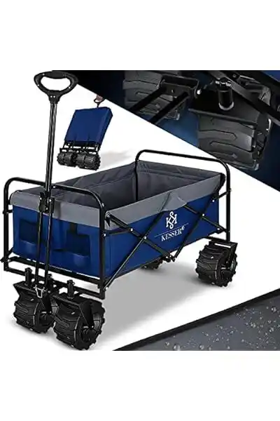 KESSER® Opvouwbare transportwagen met brede banden van kunststof en 2 netvakken voor de tuin, blauw/grijs