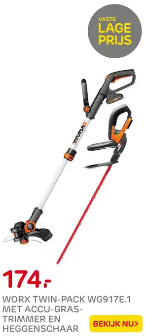 Praxis WORX TWIN-PACK WG917E.1 MET ACCU-GRASTRIMMER EN HEGGENSCHAAR aanbieding
