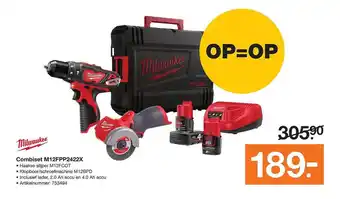 BOUWMAAT Milwaukee combiset m12Fpp2422X : haakse slijper m12fcot, klopboor-schroefmachine m12bpd, inclusief lader, 2.0 ah accu en 4.0 aanbieding