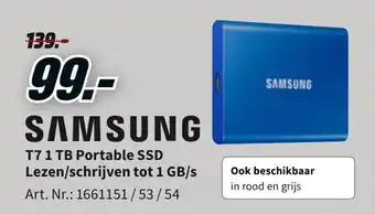 MediaMarkt Samsung T7 1 TB Portable SSD Lezen/schrijven tot 1 GB/s aanbieding