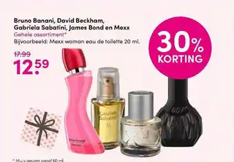 DA Bruno banani, david beckham, gabriela sabatini, james bond en mexx 30% korting 20 ml aanbieding