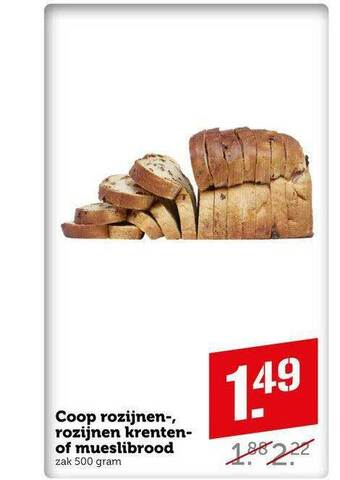 Coop Coop rozijnen-, rozijnen krenten- of mueslibrood 500 gram aanbieding